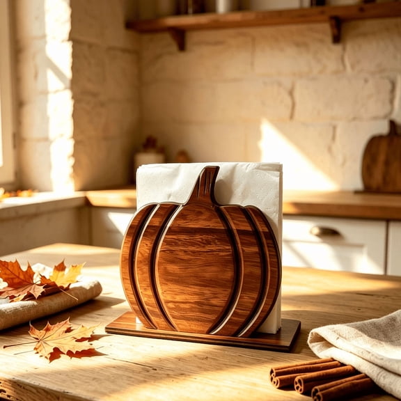 Wooden Pumpkin Napkin Holder, Fall Harvest Table Napkin Dispenser, Rustic Thanksgiving Halloween Tabletop Decor for Kitchen Dining Table Countertop