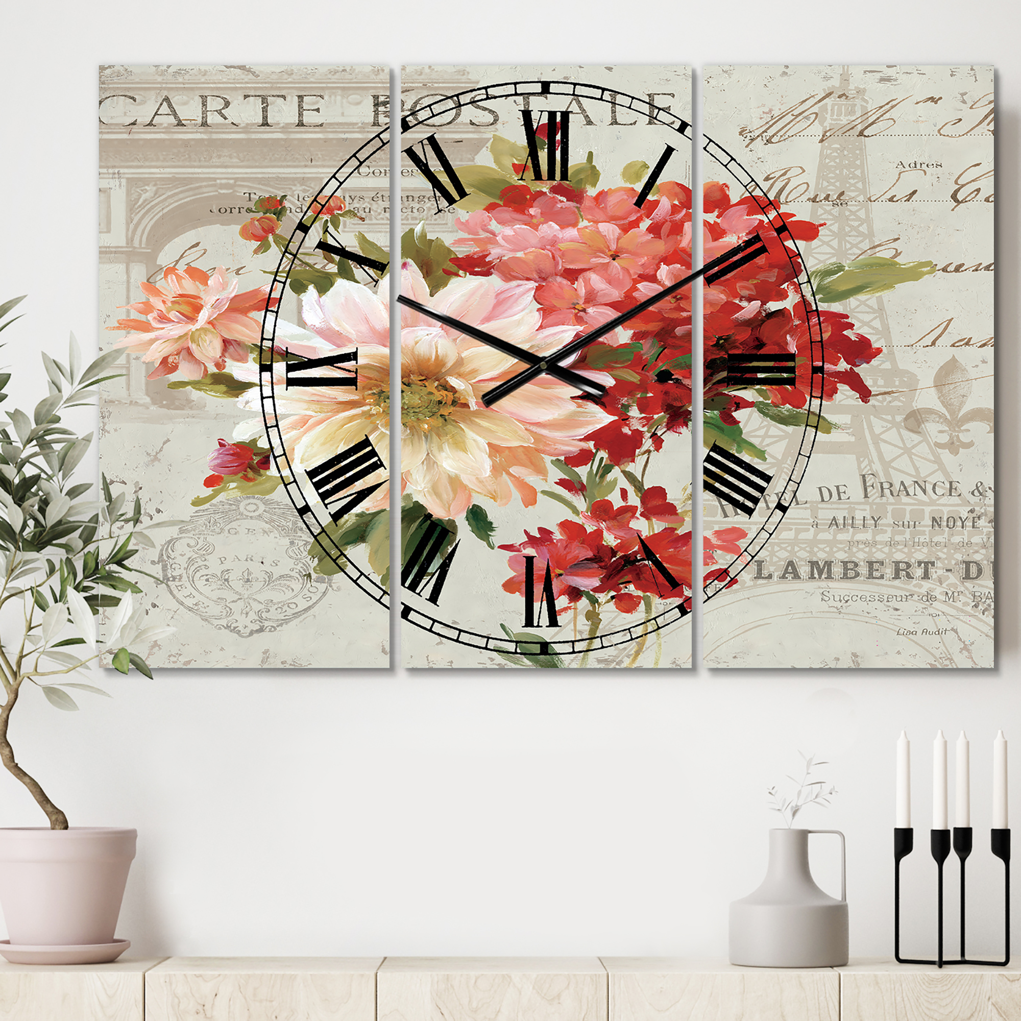 Designart 'Red Painted Flowers on Vintage Postcard I' Traditional Wall Clock