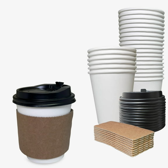 [25 Pack] 10oz Disposable White Paper Coffee Cups with Black Dome Lids and Protective Corrugated Cup Sleeves - Perfect Disposable Travel Mug for Home, Office, Coffee Shop, Travel, Tea
