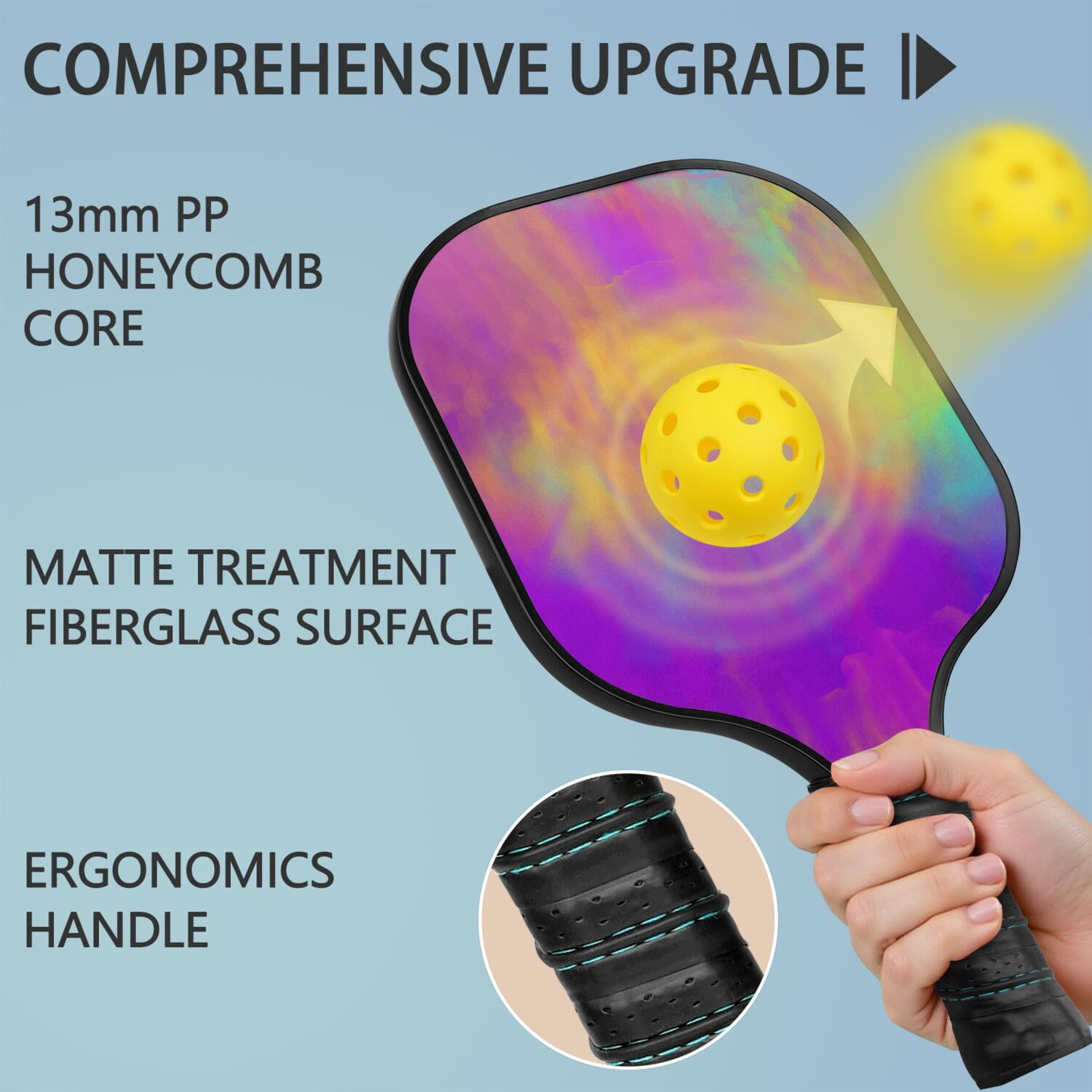 Pickleball Paddles Set Of 2, Fiberglass Surface, Fluid Smoke Aurora Art Style, 4 Balls & Bag