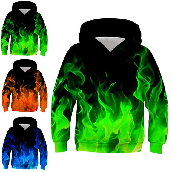 Crunowin Boys Hooded Sweatshirt, With Pocket Round Neck Pullover Tech Glow Flame Print Fashion Tops Green 11 T