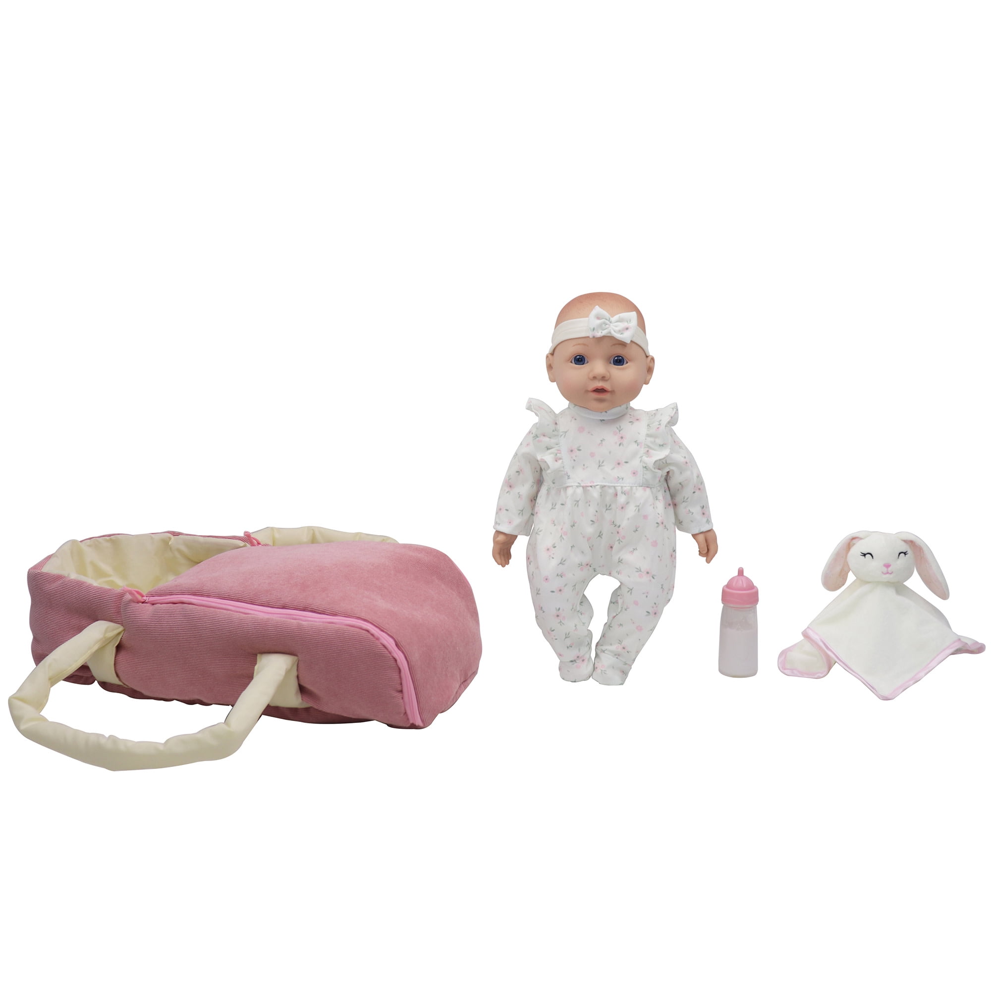 Baby Dreami: 16" Baby Doll Bassinet Playset - White & Pink Floral Onesie, Plush Animal Rabbit Blanket, Carry Bed, Feeding Bottle Toy, Kids-Toddlers 2+