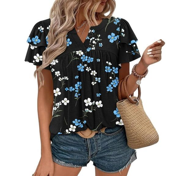 ITSAME Blouse for Womens, Ruffle Short Sleeve V Neck Floral Pleated Tunic Flowy Shirt Navy 2XL