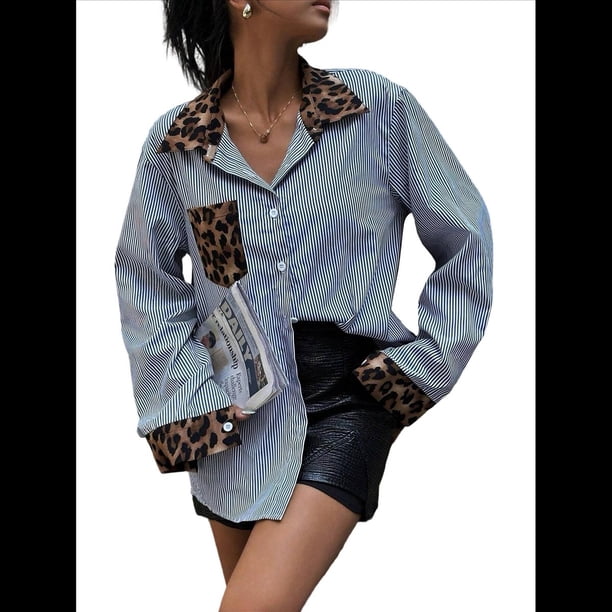 Blusas de Larga con Estampado de Leopardo A Rayas para Mujer, Camisas con Cuello Abotonado y Estampado de Guepardo. Azul M