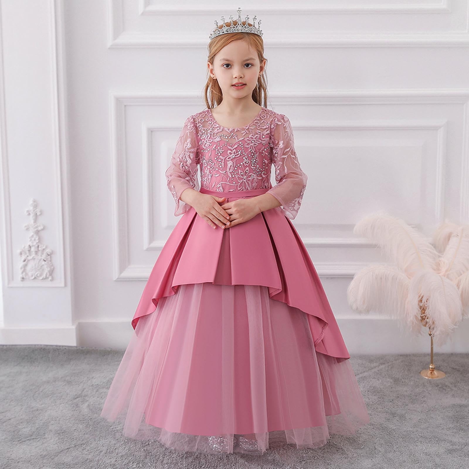 Prom Dresses for Teen Girls Long Sleeve A-Line 7-14 Years Kids Elegant Solid Embroidered Evening Party Birthday Maxi Dress 2025