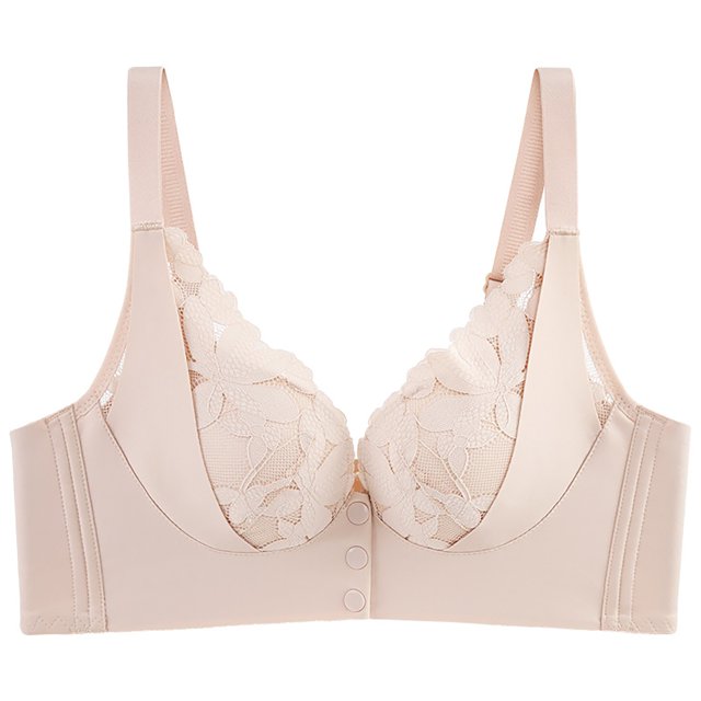 Dorinao Women Solid Color Lace Patchwork No Ring Adjustable Shoulder Straps Front Buckle Plus Size Bra, Pink, 42