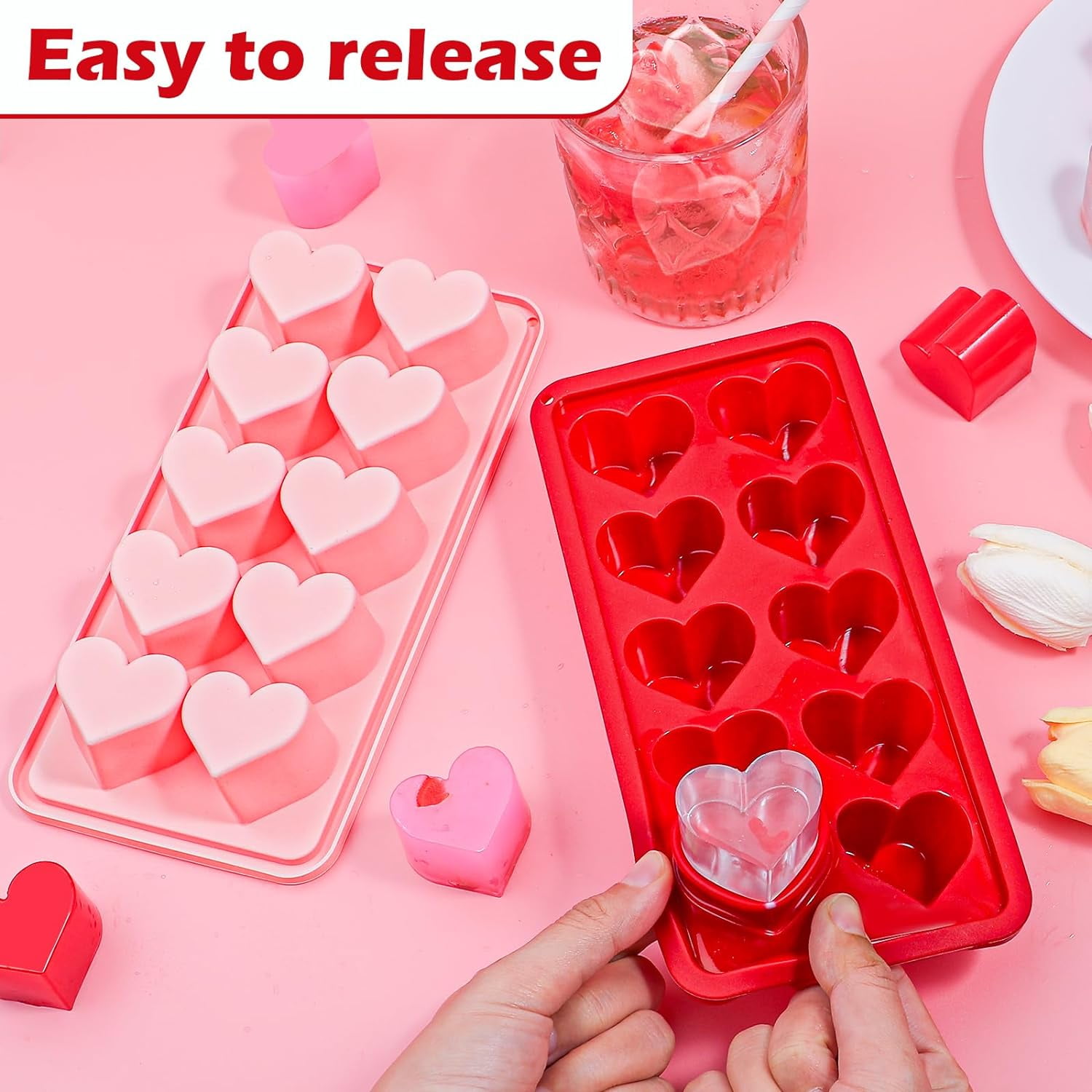 4-Pack Silicone Ice Cube Trays Set – Sphere (1.1"), Heart (10 & 8 Cavity), Star with Lid – BPA-Free, Easy Release – For Cocktails, Whiskey & Chocolate – Green/Pink/Red/Multicolor