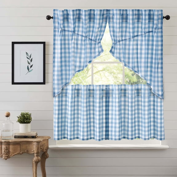 VHC Brands Annie Buffalo Check 4 PC Dusk Blue Curtain Set (2 Prairie Swag 36x18 and 2 Tier 24x36)