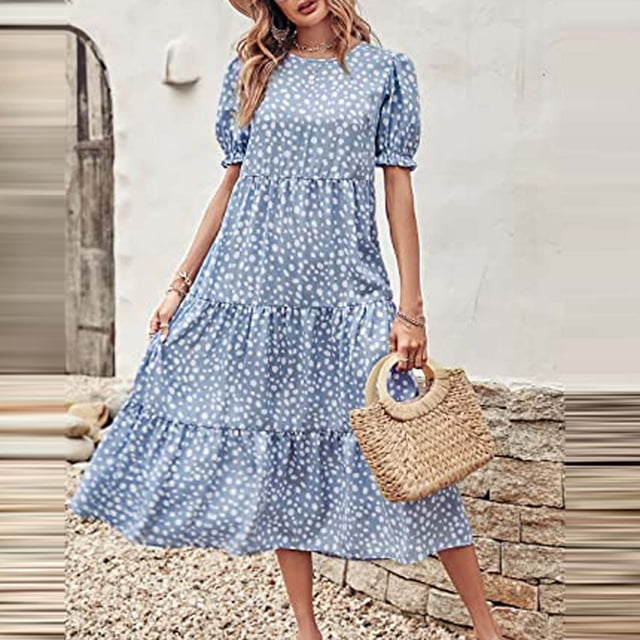 Robes d'Été pour Femmes 2023 Maxi Robe d'Été Décontractée Boho Imprimé Floral Manches Bouffantes à Volants Taille Haute Midi Robes de Plage pour Femmes en Solde