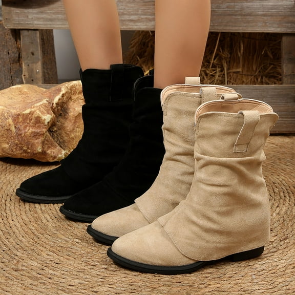 Woman Boots Chunky Low Heel Pointy Toe Mid Calf Booties Casual Winter Warm Short Boots Solid Color Winter Shoes for Women Black 9