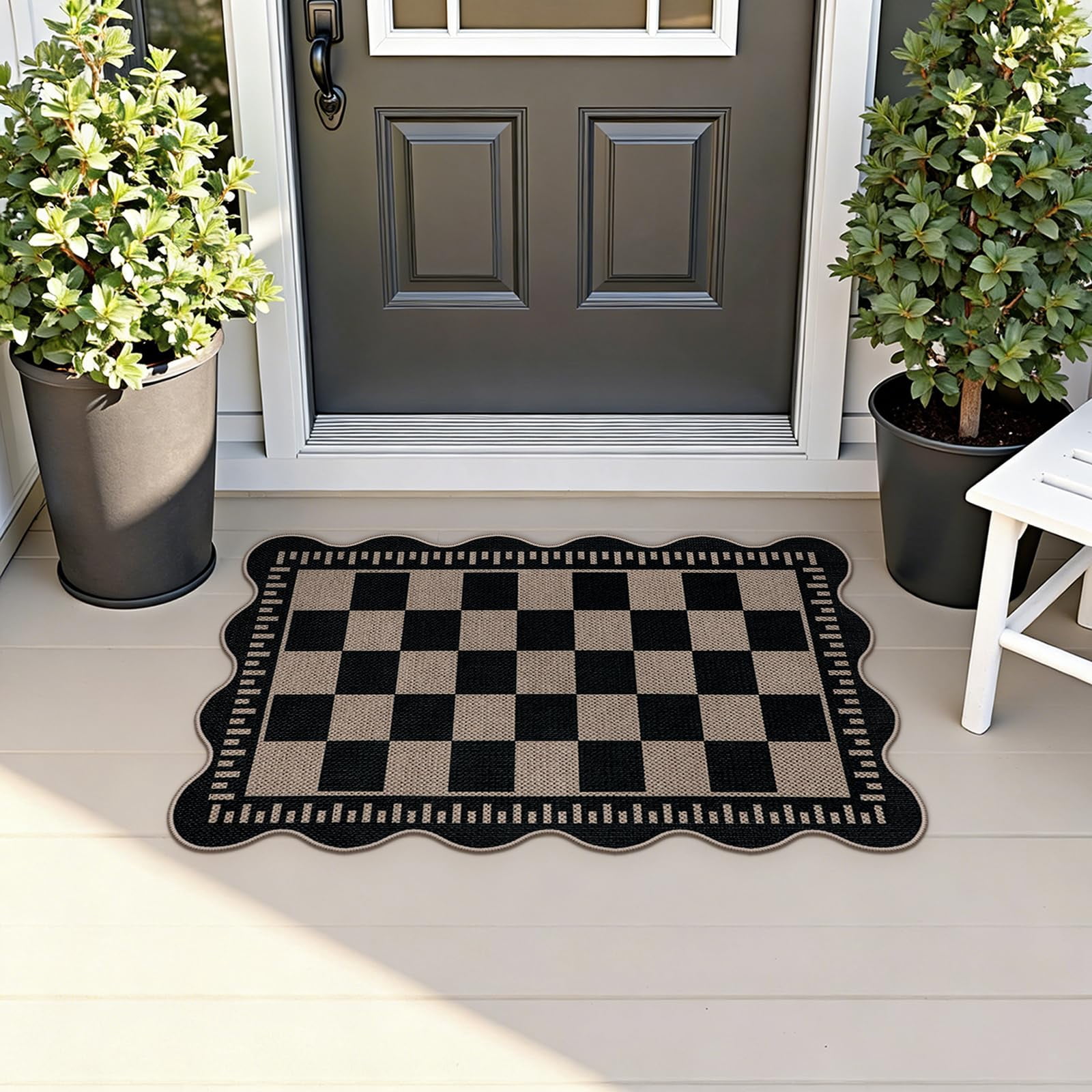Checkered Easy Jute Entryway Rug  2x3 Washable Non Slip Kitchen Indoor Outdoor Door Mat Farmhouse Low Pile Floor Black Rugs For Porch Doorway