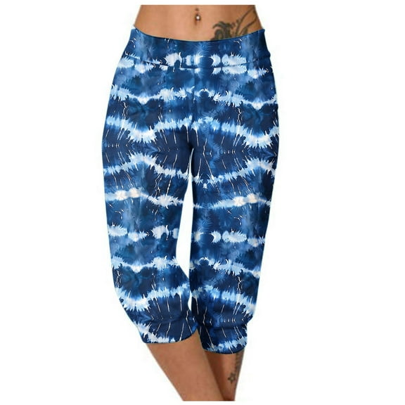 Casual Capri Pants Women Summer Athletic Tie Dye Print Elastic Waist Sweatpants with Pocket Joggers Fashion Bottoms, Blue, L