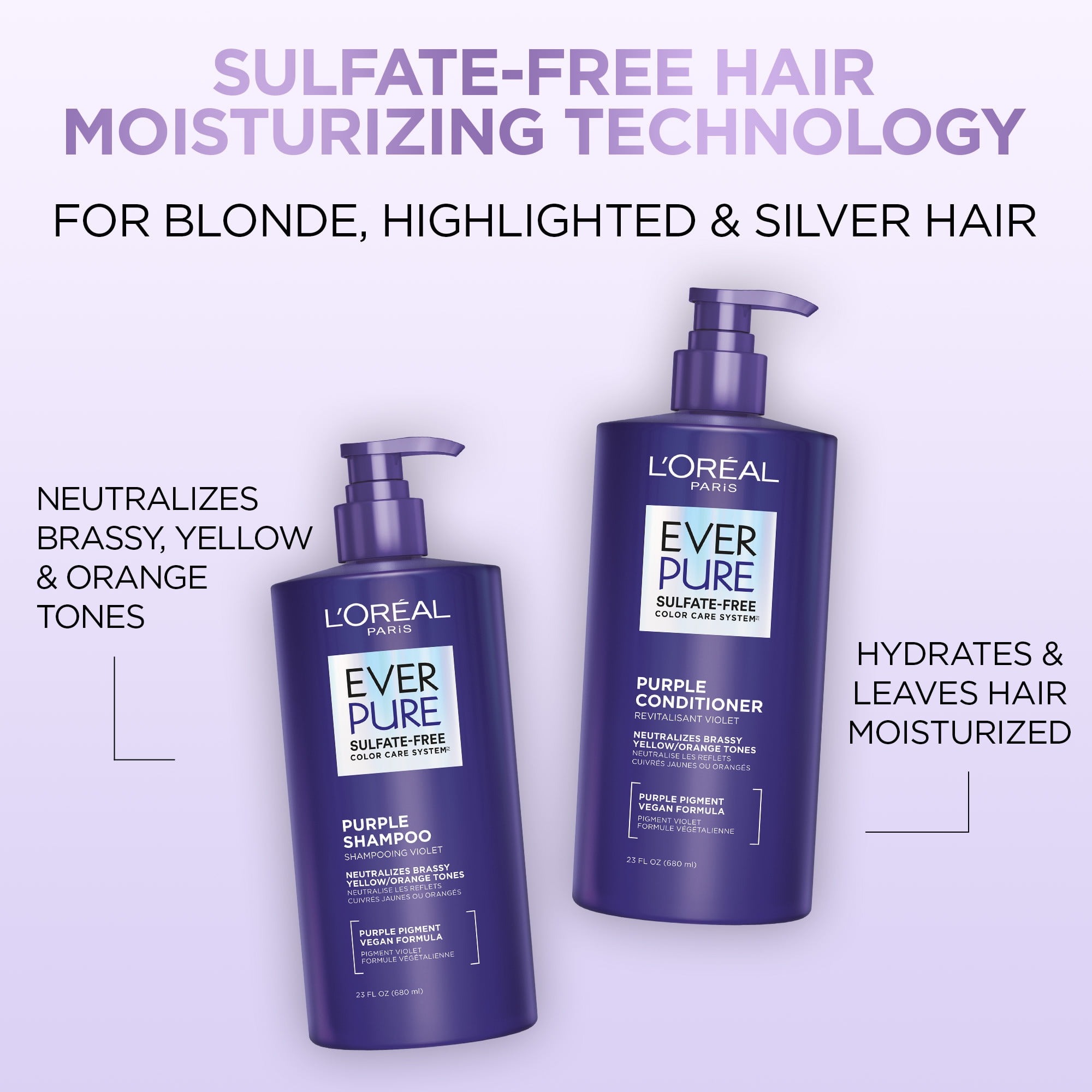 L'Oreal Paris EverPure Sulfate Free Purple Shampoo for Blonde, Bleached, Highlighted Brown, and Silver Hair, 680ml