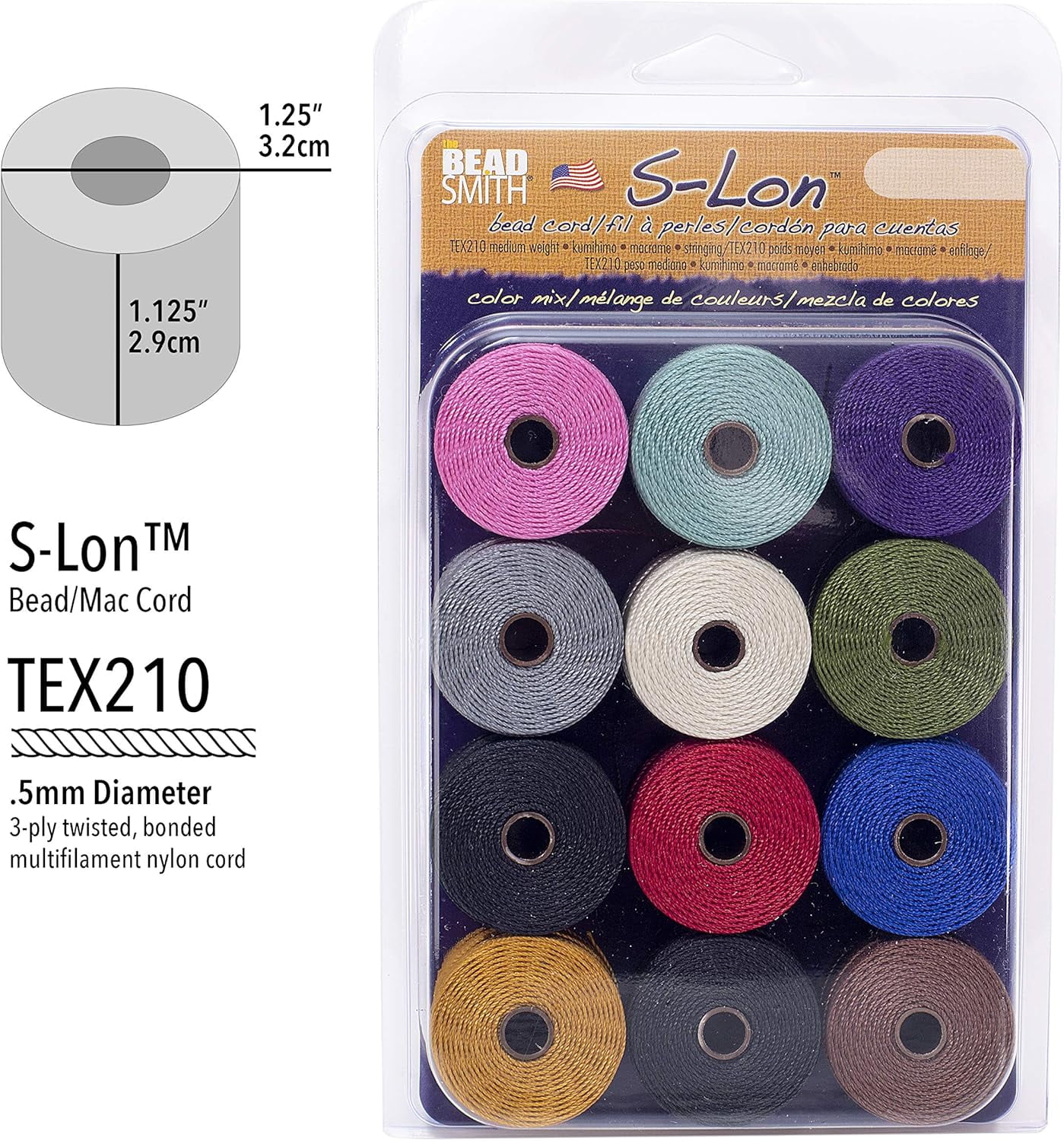 The Beadsmith S-Lon Bead Cord – .5 mm Twisted Nylon Cord for Stringing, 12-Pack, Gaskell Mix, TEX210, 77 Yards per Spool