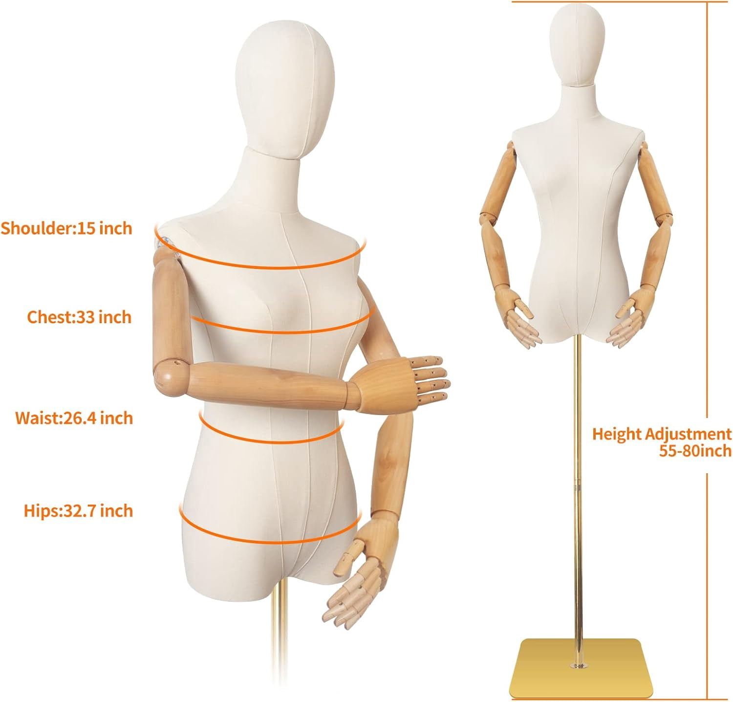 FreeLung Female Mannequin Torso with Detachable Head & Hands & Gold Metal Stand