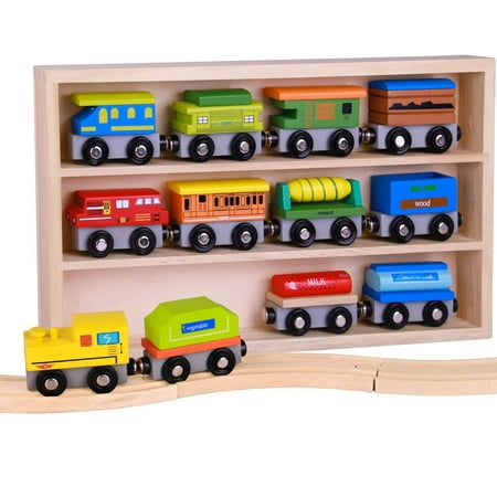 Pidoko Kids Wooden Train Set - 12 Pcs Engines Cars - Compatible with Thomas Train Set Tracks and Major Brands - Perfect Toy for Boys and