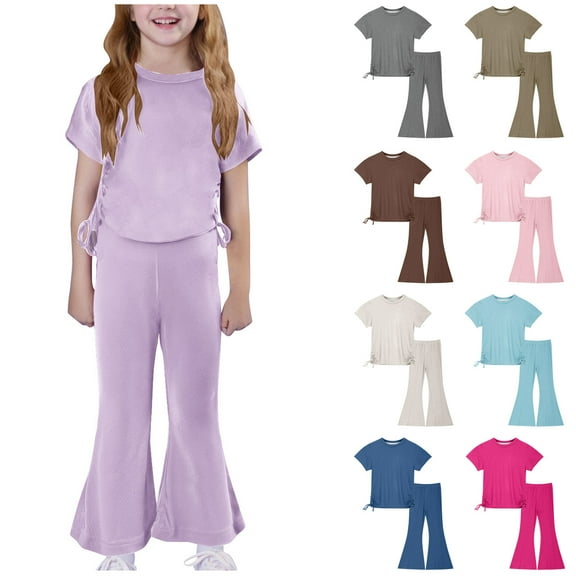 Bovxnpu Girls 2 Piece Outfits, Girl Flared Legging Pants and Shirt, Toddler Girls Cute Solid Color Soft Short Sleeve Top Flared Trousers Home Wear Suit 7 Years