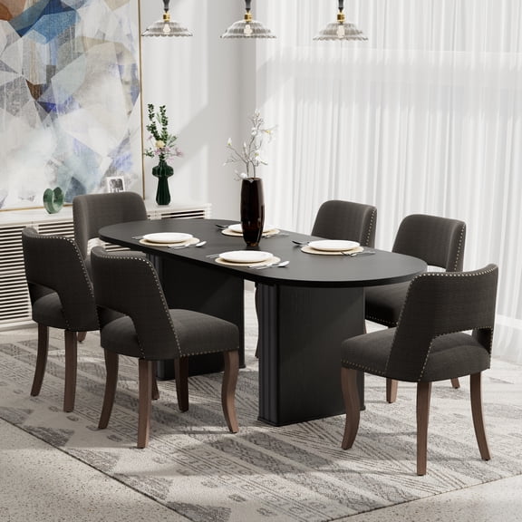 Katboc Extendable Dining Table and 4 Chairs Set, Oval Kitchen Table for 4-8 People with Rubberwood Legs & Fabric Upholstered Seats, Modern Farmhouse Dining Set for Kitchen/Dining Room, Black