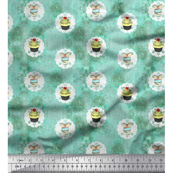 Soimoi Green Poly Georgette Fabric Cupcakes Food Printed Fabric 1 Yard 42 Inch Wide