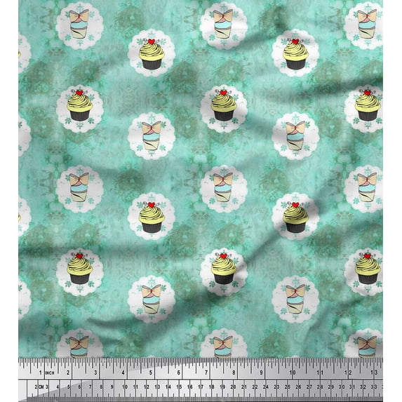 Soimoi Green Japan Crepe Satin Fabric Cupcakes Food Fabric Prints By Yard 42 Inch Wide