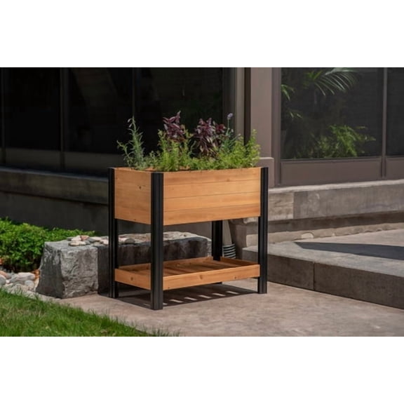 Vita Mezza 32" x 18" x 33" Golden Brown Cedar Elevated Garden with Storage Shelf