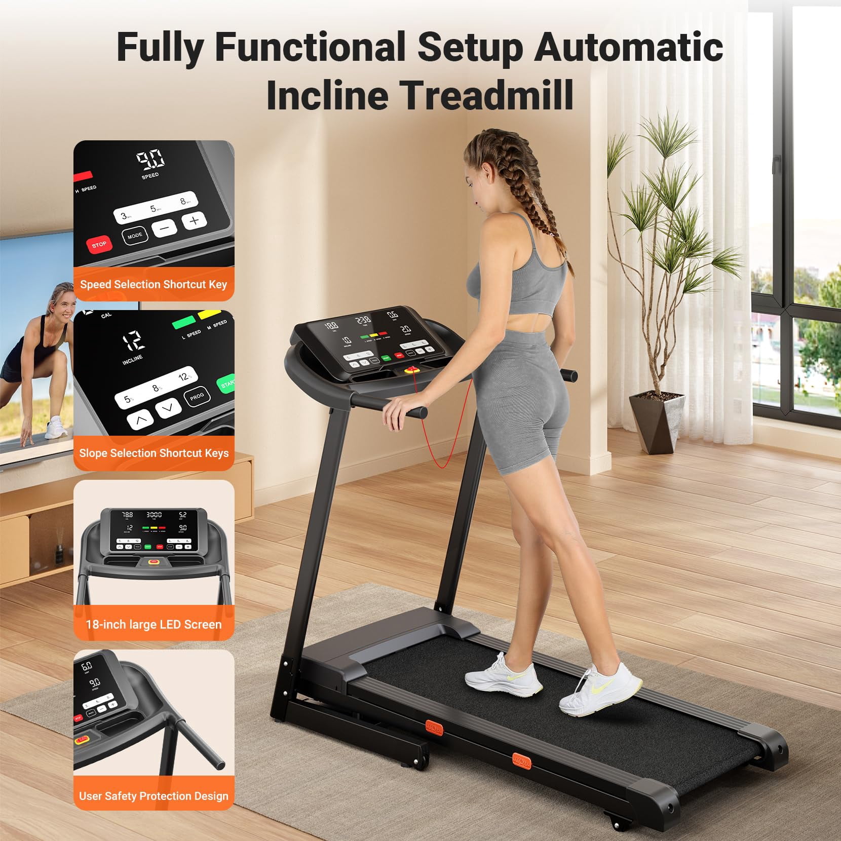 COFUNOK Treadmill With Auto 12% Incline,3.0HP Folding Treadmills for Home Running Walking ,Max 9MPH Speed,300 lbs Weight Capacity