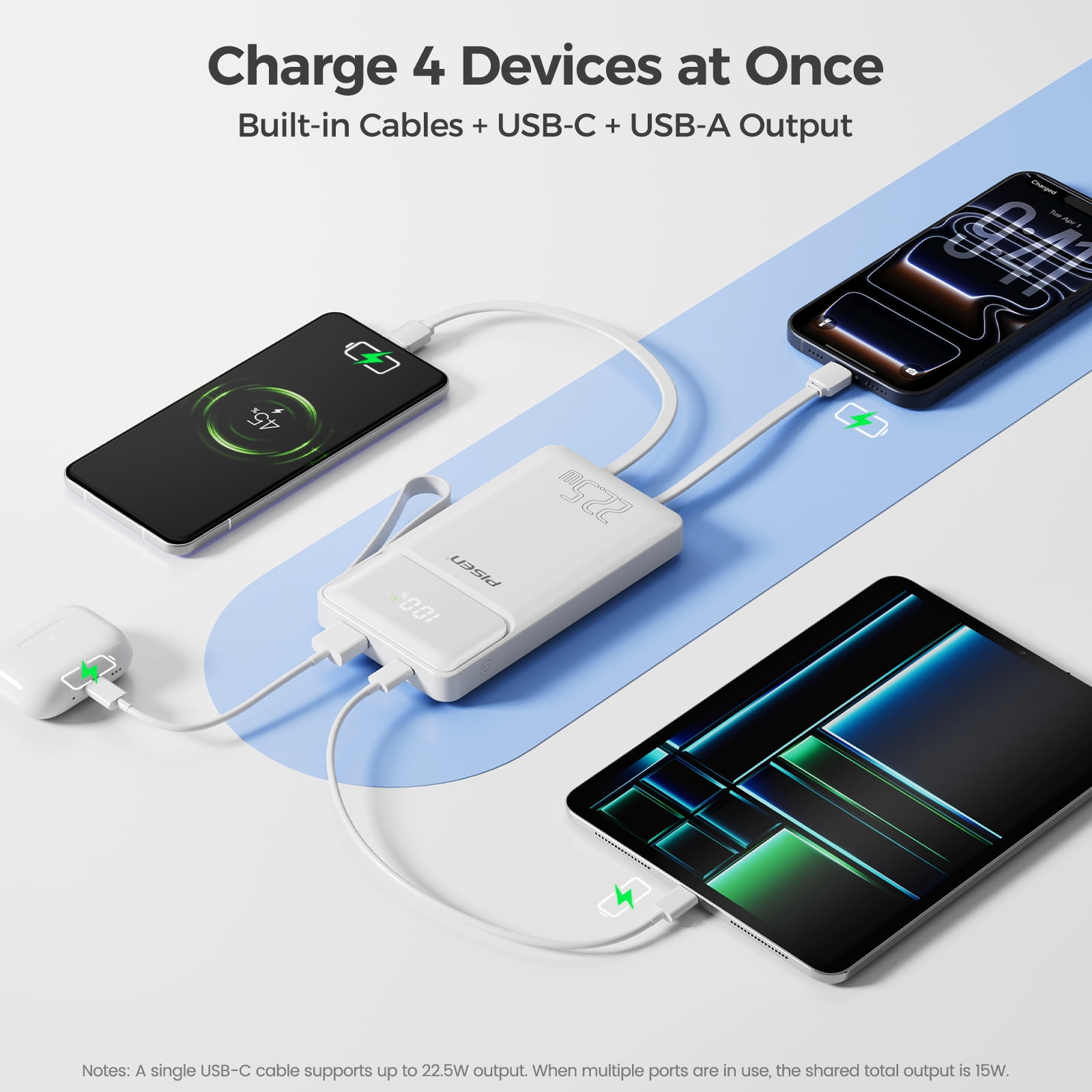 PISEN 3C Certified Power Bank - 10000mAh 22.5W Power Bank with Built in Cable, Travel Battery Pack Portable 3C Charger with LED Display, Portable Charger with Built in Cable for iPhone, Samsung