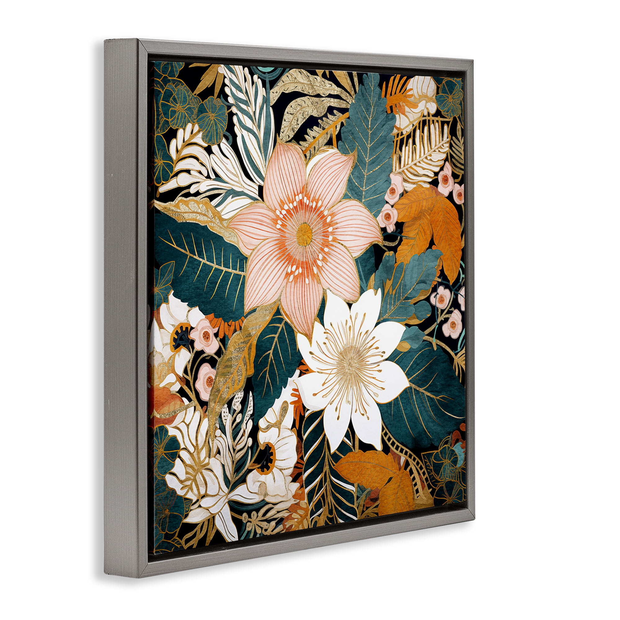 Stupell Industries Boho Flower Pattern Botanical & Floral Painting Gray Floater Framed Art Print Wall Art, 18 x 18