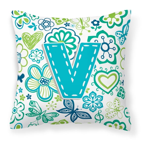 Letter V Flowers and Butterflies Teal Blue Fabric Decorative Pillow