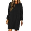 E-STYLE Womens Long Sleeve Dresses Solid Color Round Neck Loose Plush Sweater Dress,Black,S