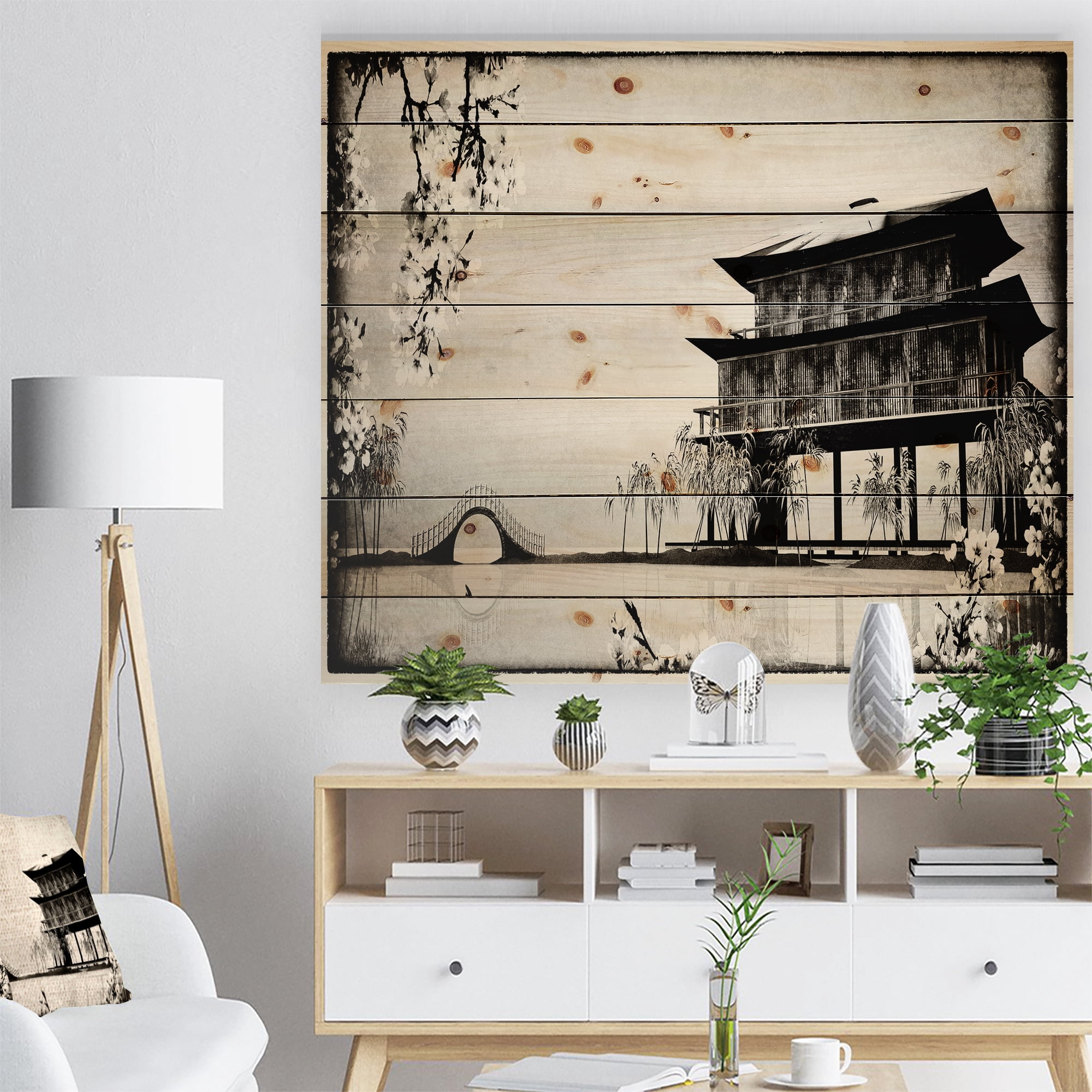 Designart Chinese Ink Painting Landscape Print on Natural Pine Wood Painting, 20" x 12"