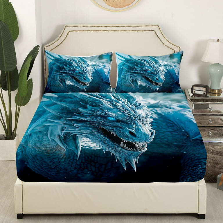 Erosebridal 3D Dragon Bed Sheets Set Ice Dragon Twin Size Sheets for Boys 3D Blue Dragon Sheet Set Mysterious Style Bed Set with 1 Pillowcase