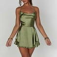 thumbnail image 7 of Riforla Women Soild Backless Short Romper Satin Dress Cowl Neck Tie Ruffle Layer Spaghetti Strap Jumpsuit Mini Dress Summer Elegant Lady Style Dress Dresses for Women Green S, 7 of 7