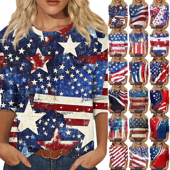 ibiyuan America 250 Shirt 3/4 Sleeve Summer Blouses 250th Anniversary Usa Round Neck Women Shirts Independence Day Womens Tops Casual