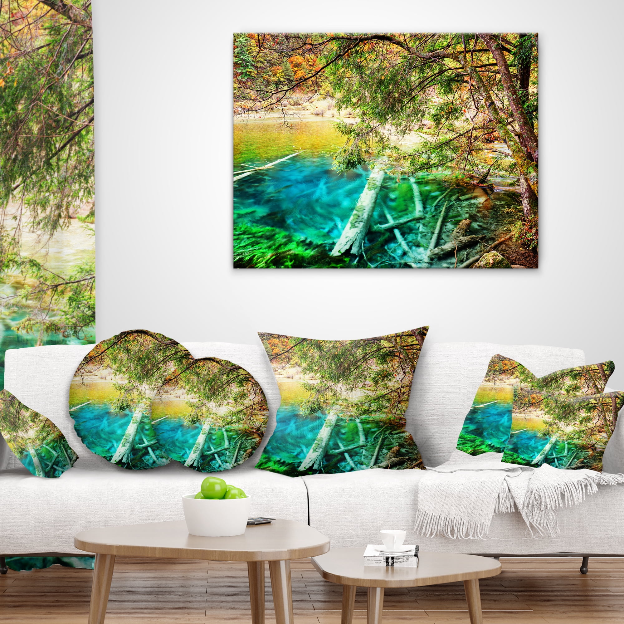 Designart Colorful Lake with Tree Trunks - Landscape Printed Throw Pillow - 16x16