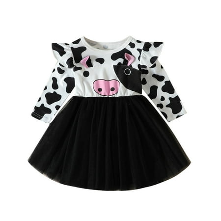 

Summer Savings Clearance 2023! loopsun Toddler Kids Baby Girls Fashion Cute Long Sleeve Sweet Cow Pattern Print Mesh Skirt Dress Black 5-6Years