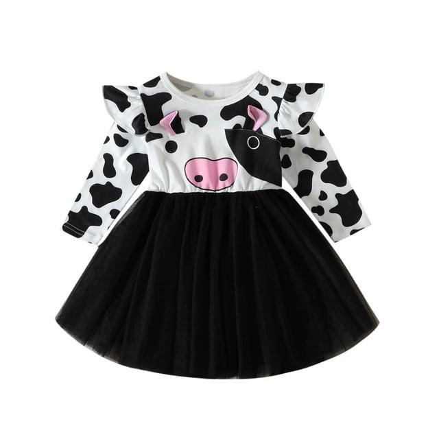 Vestido Para Niñas, Ropa Para Niñas Pequeñas, Moda Para Niños Pequeños, Lindo Vestido De Falda De Malla Con Estampado De Vaca Dulce De Manga Larga, Negro Odeerbi LM103-9484