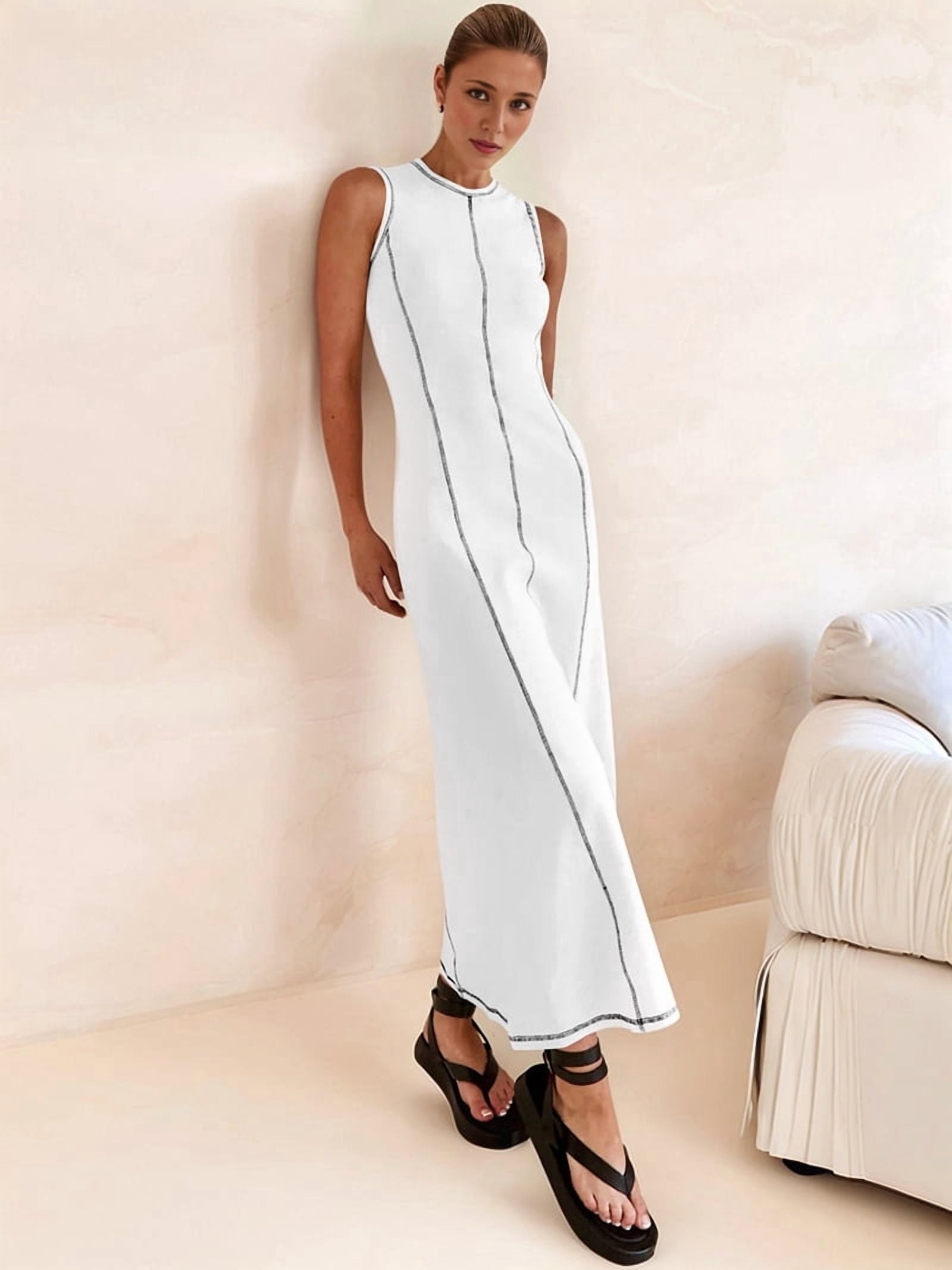 Womens Sleeveless T Shirt Dress Summer Contrast Ribbed Knit Tank Maxi Dresses White M