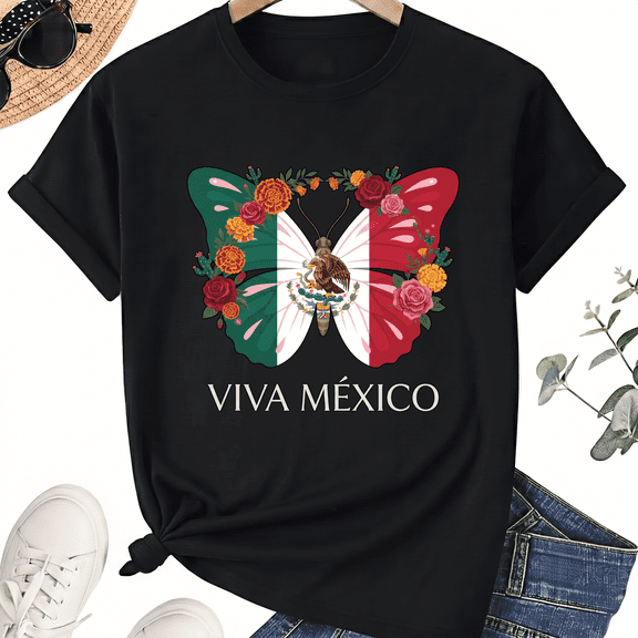 Unisex Viva Mexico T-Shirt, Butterfly Flag Floral Art, 100% Cotton Short Sleeve Tee
