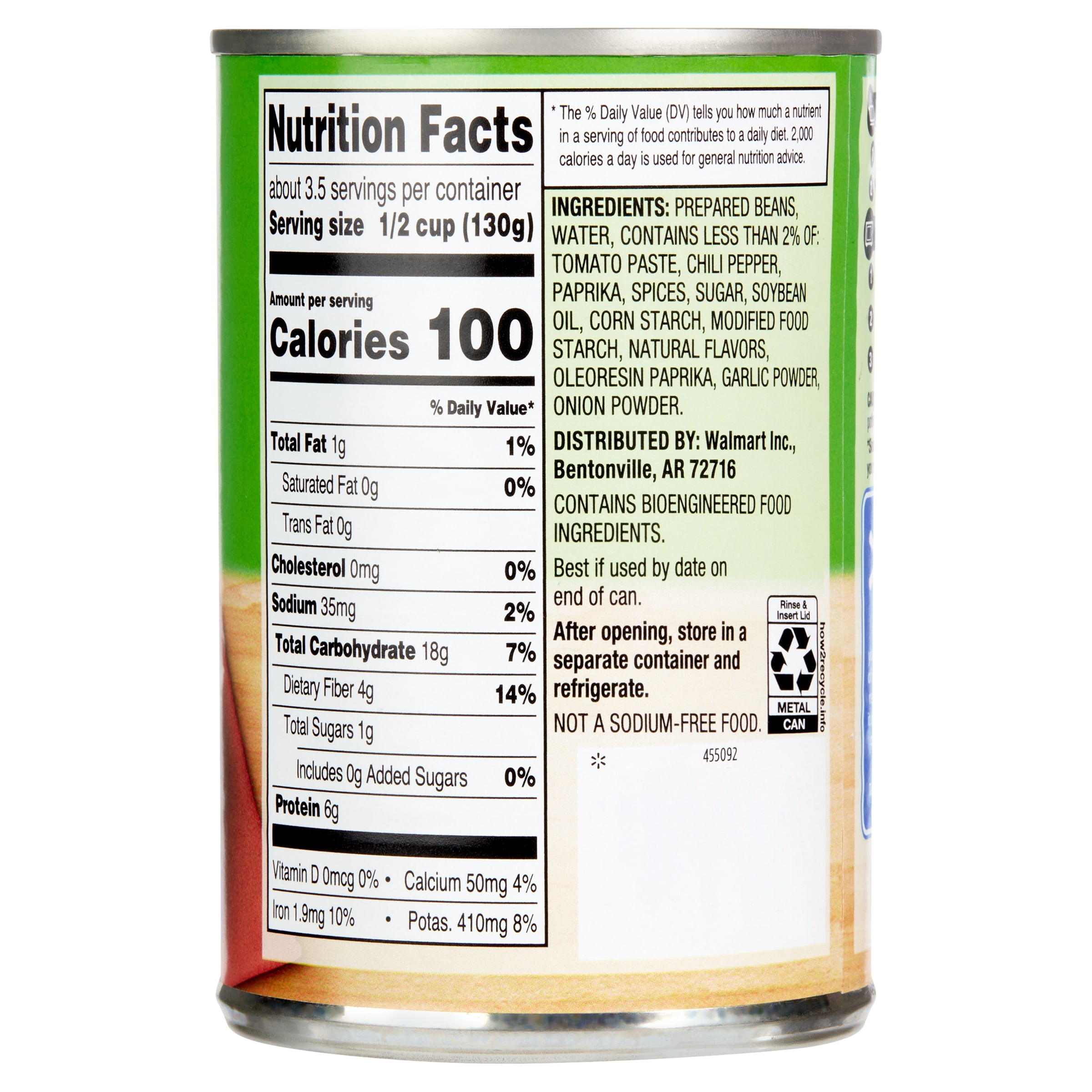 (12 pack) Great Value, No Salt Added Chili Beans, 15.5 oz Can
