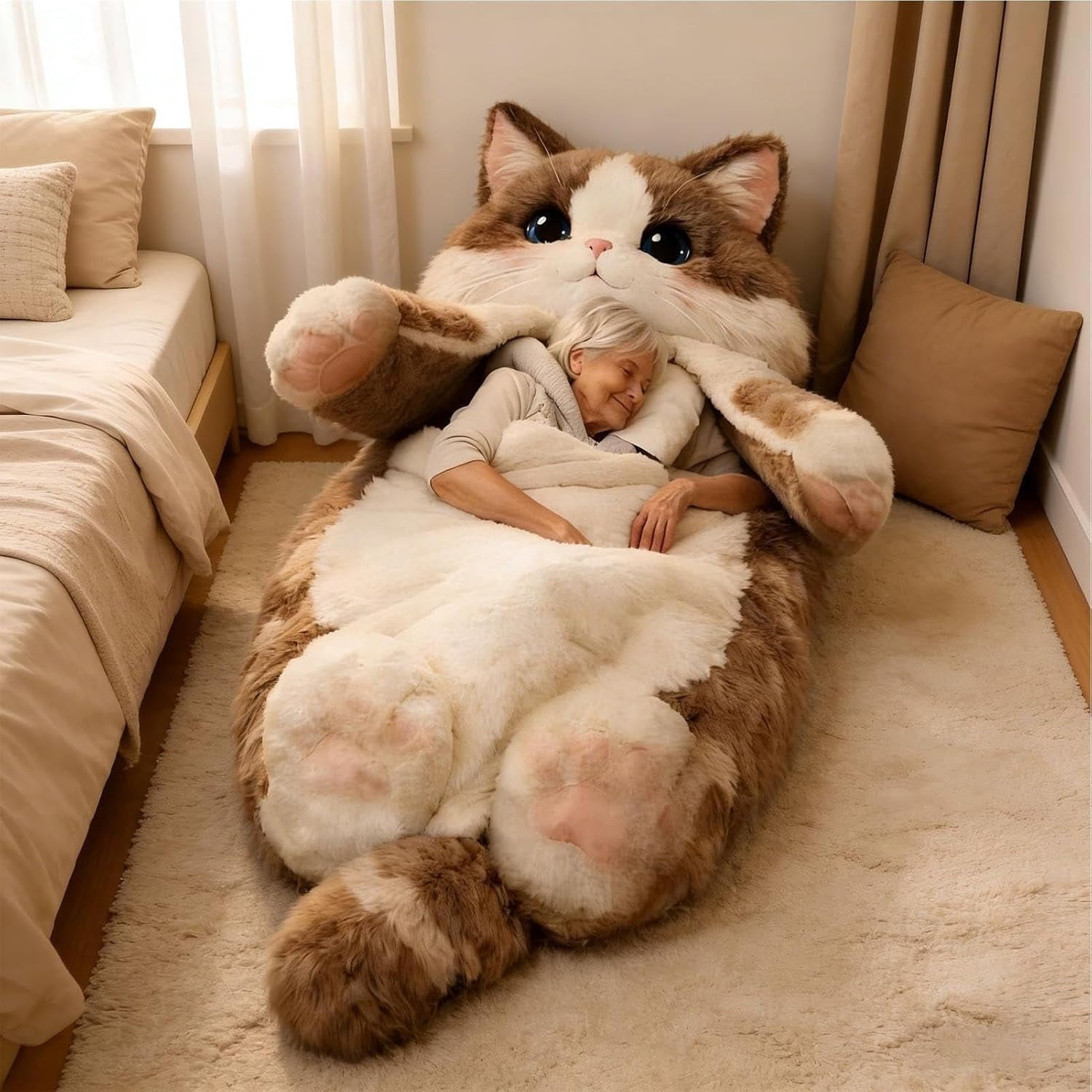Cat Shaped Plush Sleeping Bag for Adults, 74.8"x31.4" Soft Plush Adorable Cat Envelope Sleeping Bag, Washable Warm Blanket for Camping Sleepovers Home(Q)
