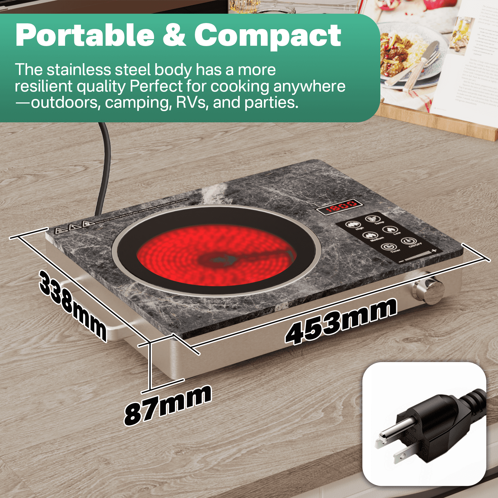 Nardea 1800W Single Burner Electric Cooktop, Portable Infrared Ceramic Hot Plate with Marble Glass, Touch & Knob Control,Electric Stove For Cooking