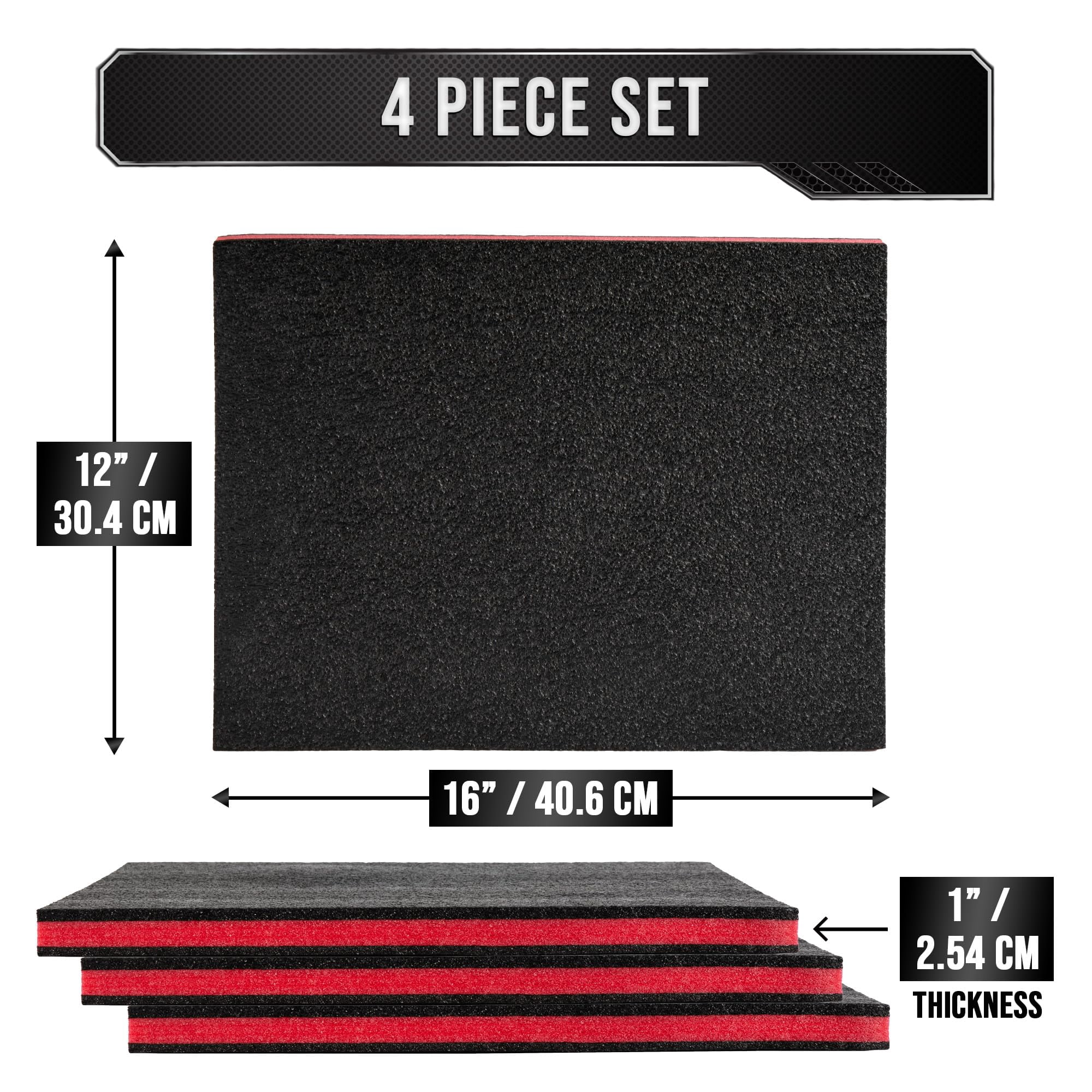Precision Defined Tool Box Foam - Protective Inserts for Cases, Polyethylene Tool Foam for Cases, Cushion Insert for Toolboxes - 16" Black/Red (4 pack)