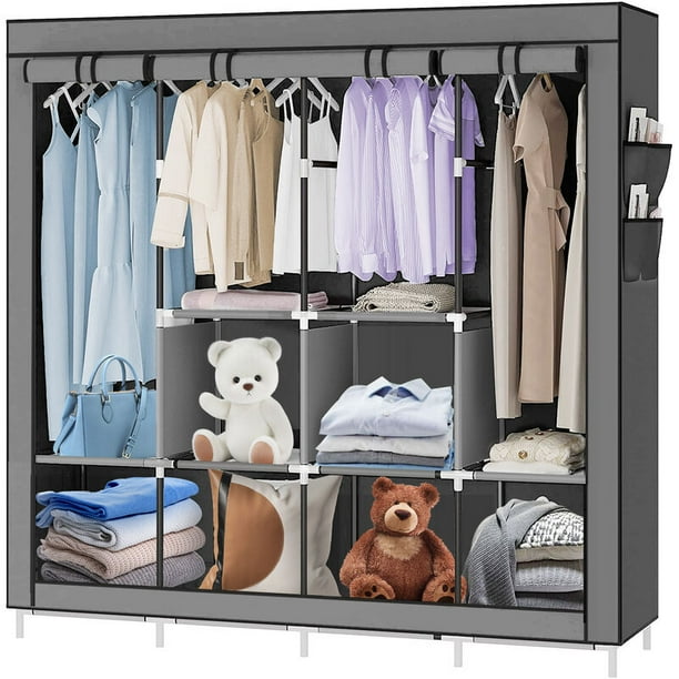 Armario de Ropa de Tela y Tubo Metal, Armario de Tela con 4 Barra Colgante y 6 Estantes, para Ropa Organizador Ropero Plegable Colgar, Gris 167x45x170cm esquí esquí Gafas de esquí