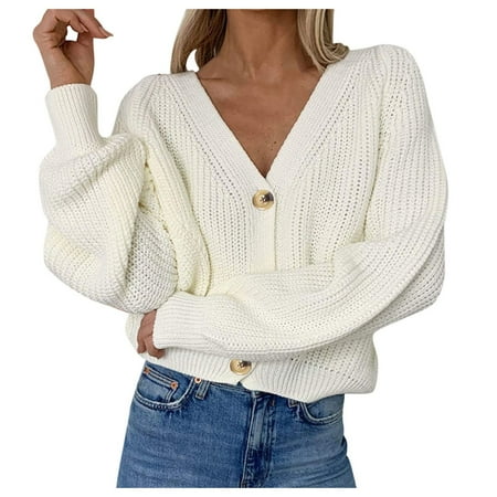 wendunide crop tops for women Women's Long Sleeve Knit Sweater Open Front Cardigan Button Loose Outerwear Womens Cardigan White L