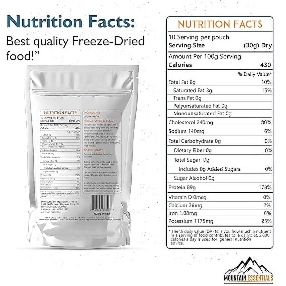 (Pack of 12) MOUNTAIN ESSENTIALS Freeze Dried Chicken Dices | Emergency Survival Bulk Food Storage Home Meals Hunting, Survival, Camping, Backpacking Food | 10 serving per Pouch