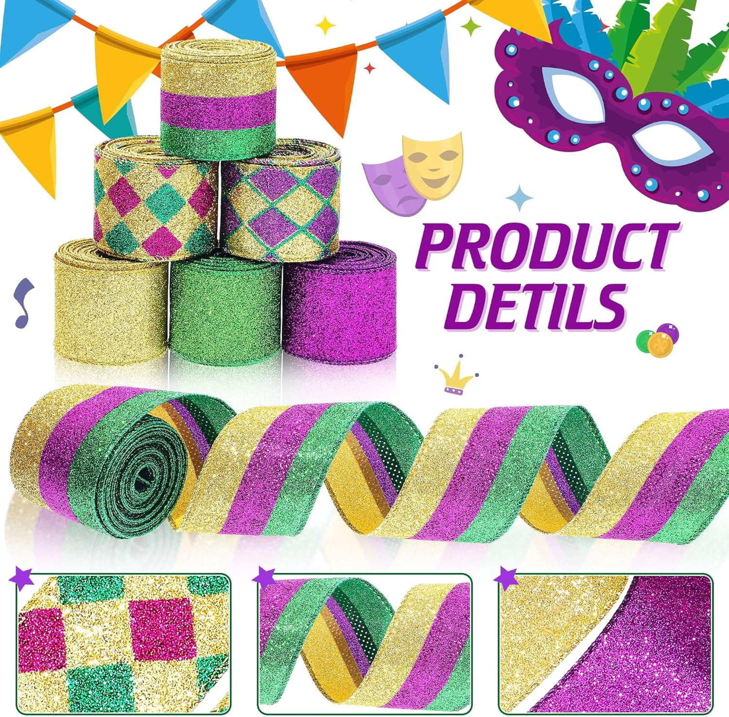 6 Rolls 30 Yards Mardi Gras Wired Edge Ribbon Purple Gold and Green Stripe Glitter Metallic Wrapping Ribbon for Mardi Gras Masquerade Party Decoration(Classic Pattern)
