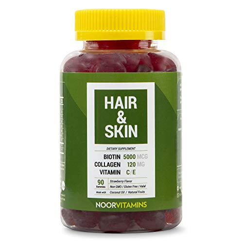NoorVitamins Hair Vitamins w/ Biotin, Collagen, Silica, Vitamin C & E Supports Hair, Skin & Nail Health; Natural Strawberry Gummy Vitamins. GMO, Gluten Free & a Certified Halal Vitamin (90 Count)