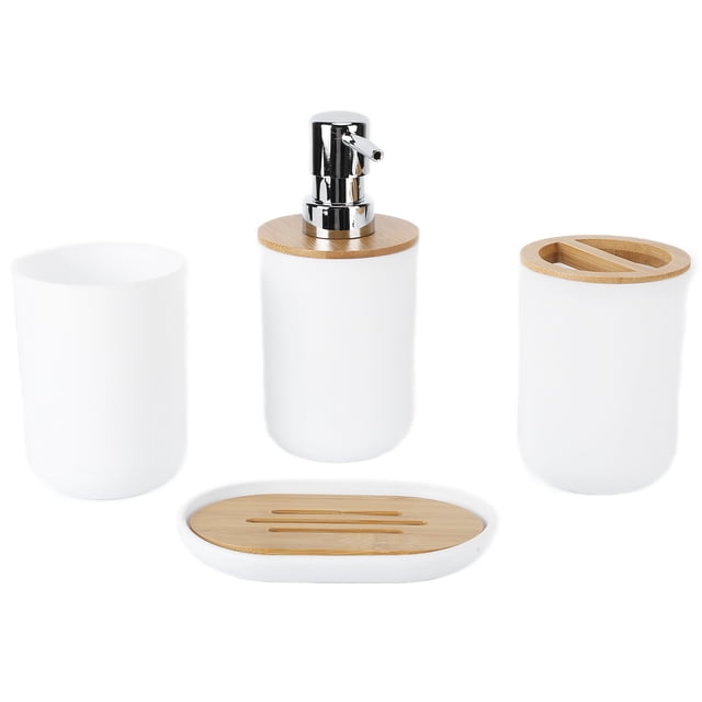 Juego de 4 accesorios de baño de bambú, resistente al agua, duradero, vaso para cepillo de dientes, regalo para el hogar, hotel, blanco