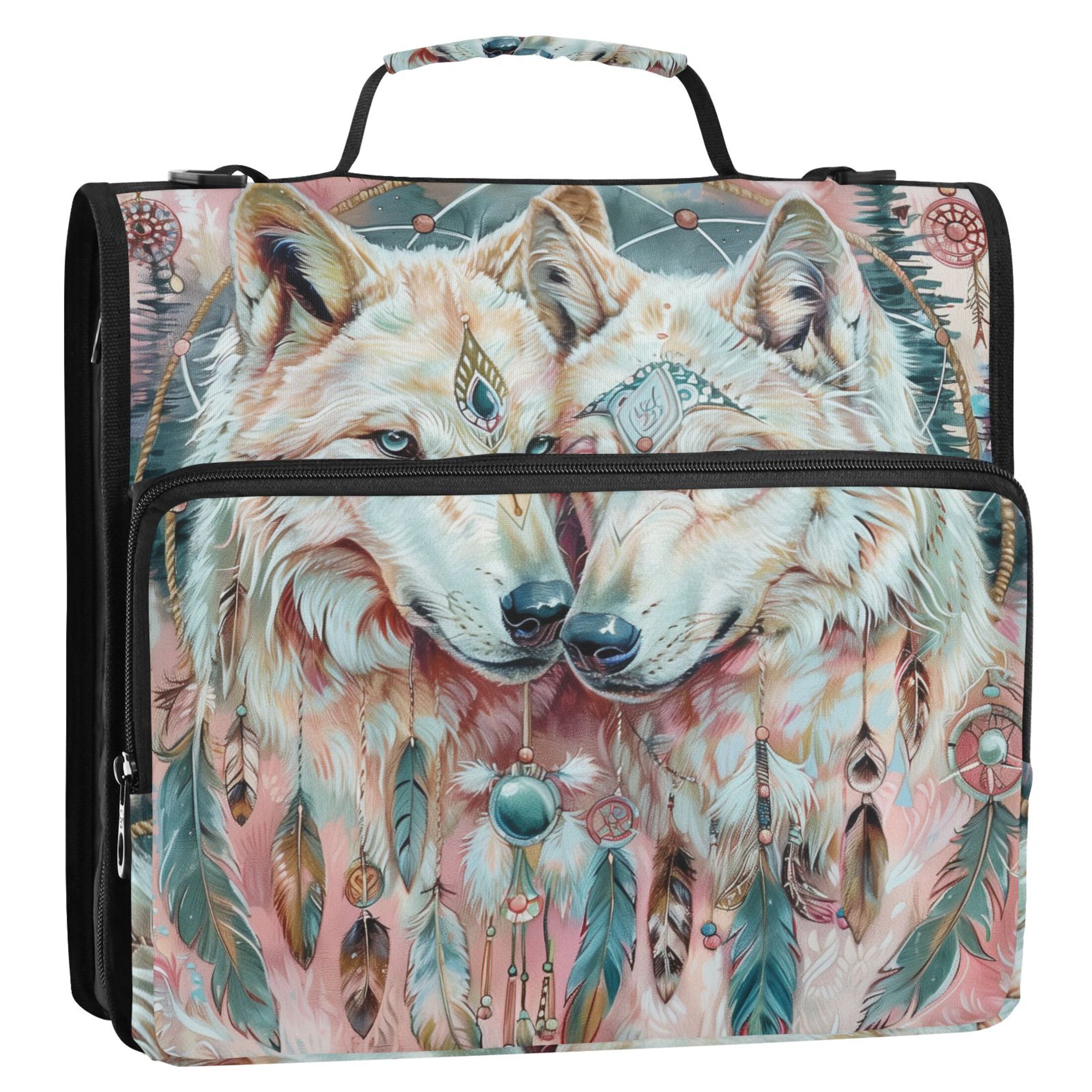 3 Ring Zipper Binder with Shoulder Strap Waterproof Trapper Keeper 2 Inch D-Ring 500 Sheets Capacity Beautiful Wolves with Feather